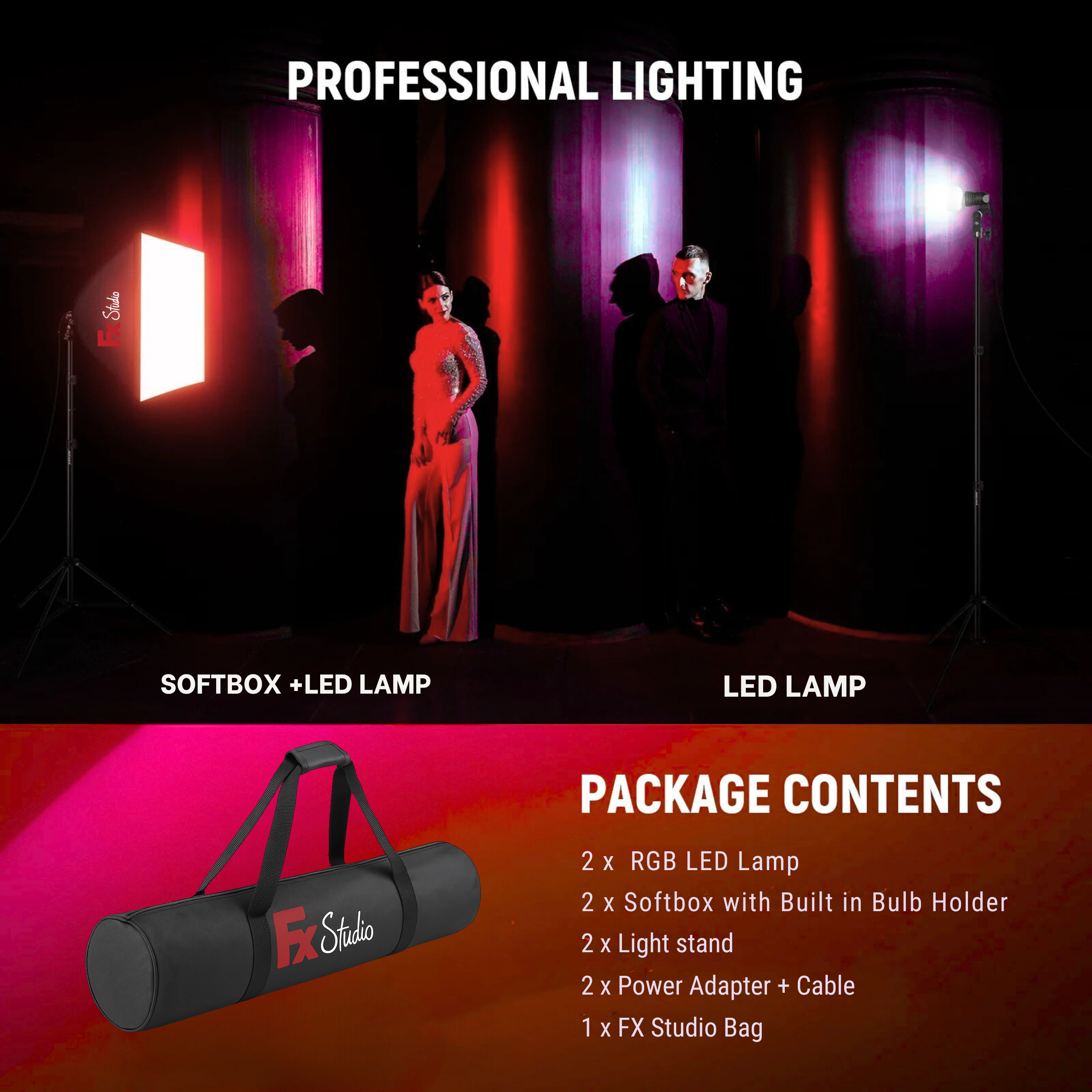 FX Studio 60×90cm Softbox Lighting Kit – 200W RGB with Remote