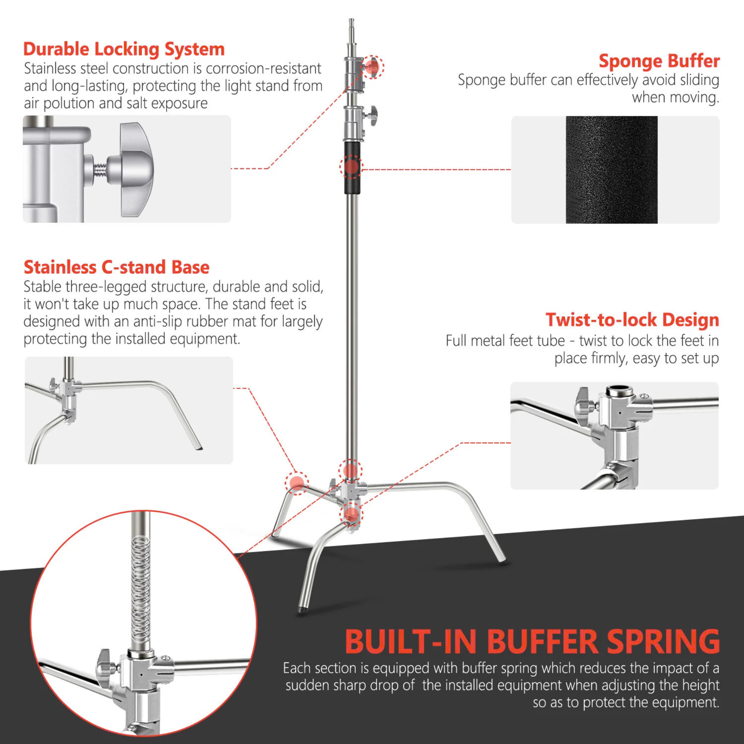FX Studio 3M Stainless Steel C-Stand with Boom Arm