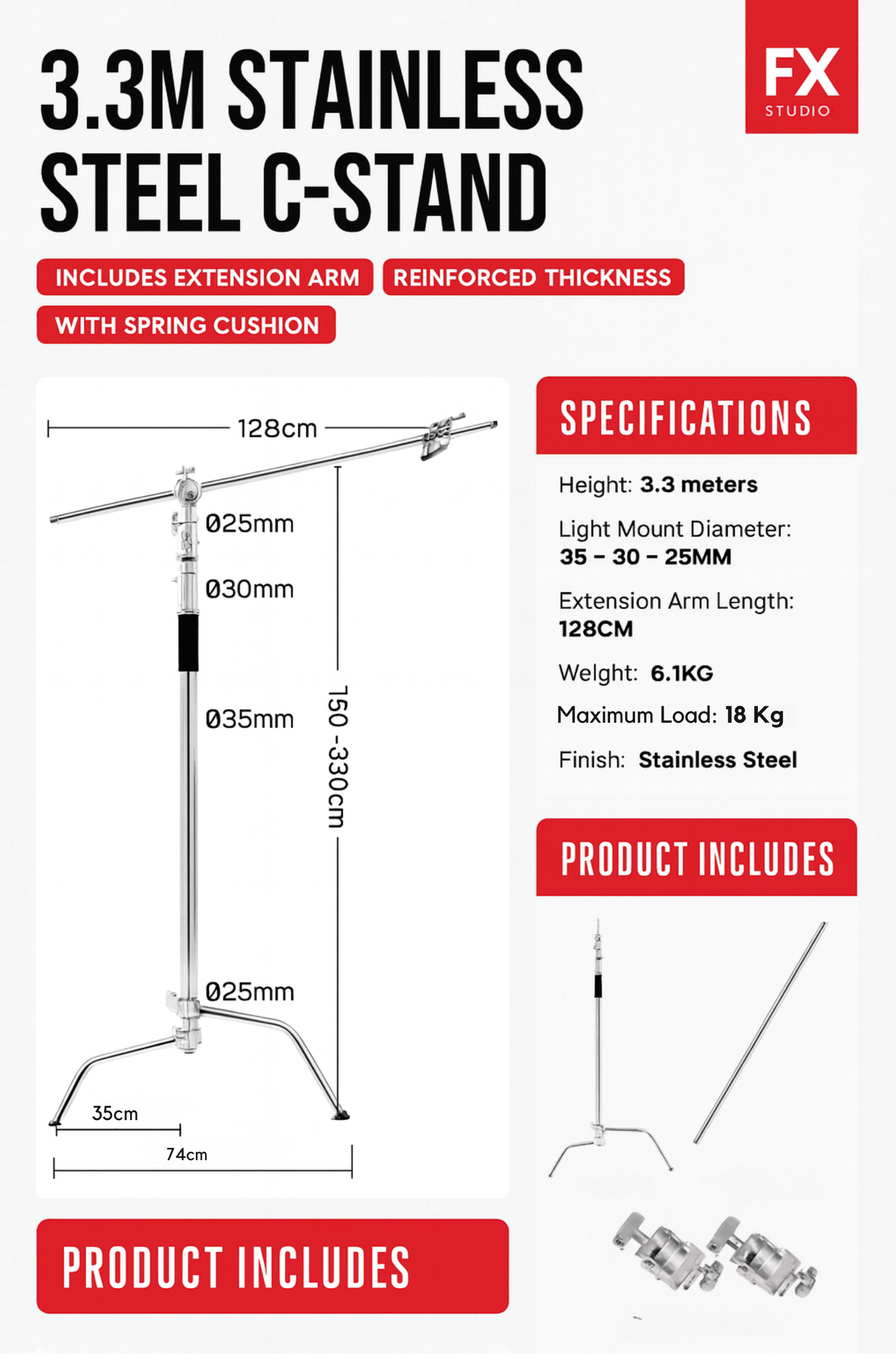 FX Studio 3M Stainless Steel C-Stand with Boom Arm