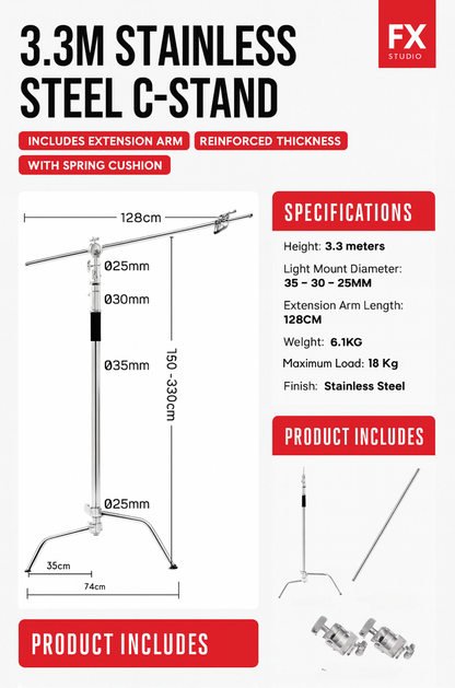 FX Studio 3M Stainless Steel C-Stand with Boom Arm